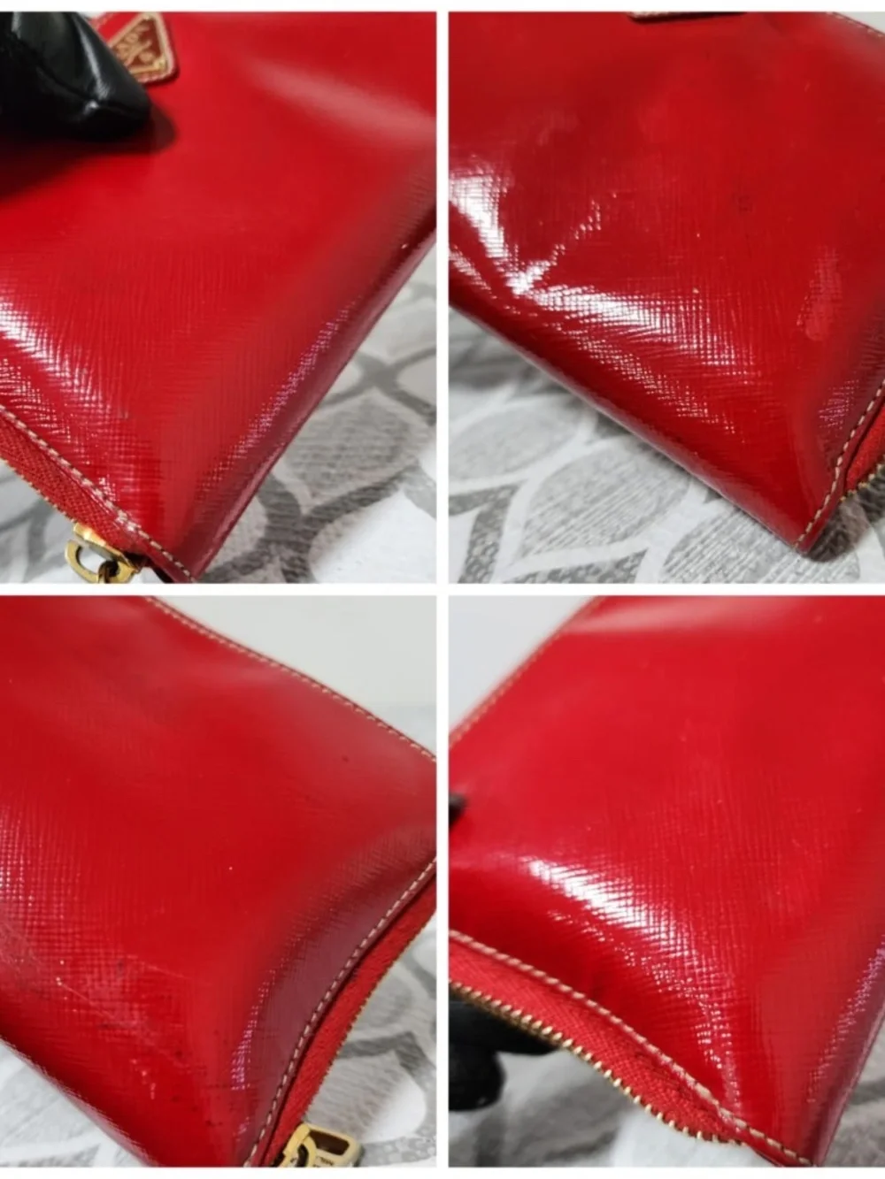 Authentic PRADA Patent Saffiano Triangle Large Zip Around Travel Wallet Red